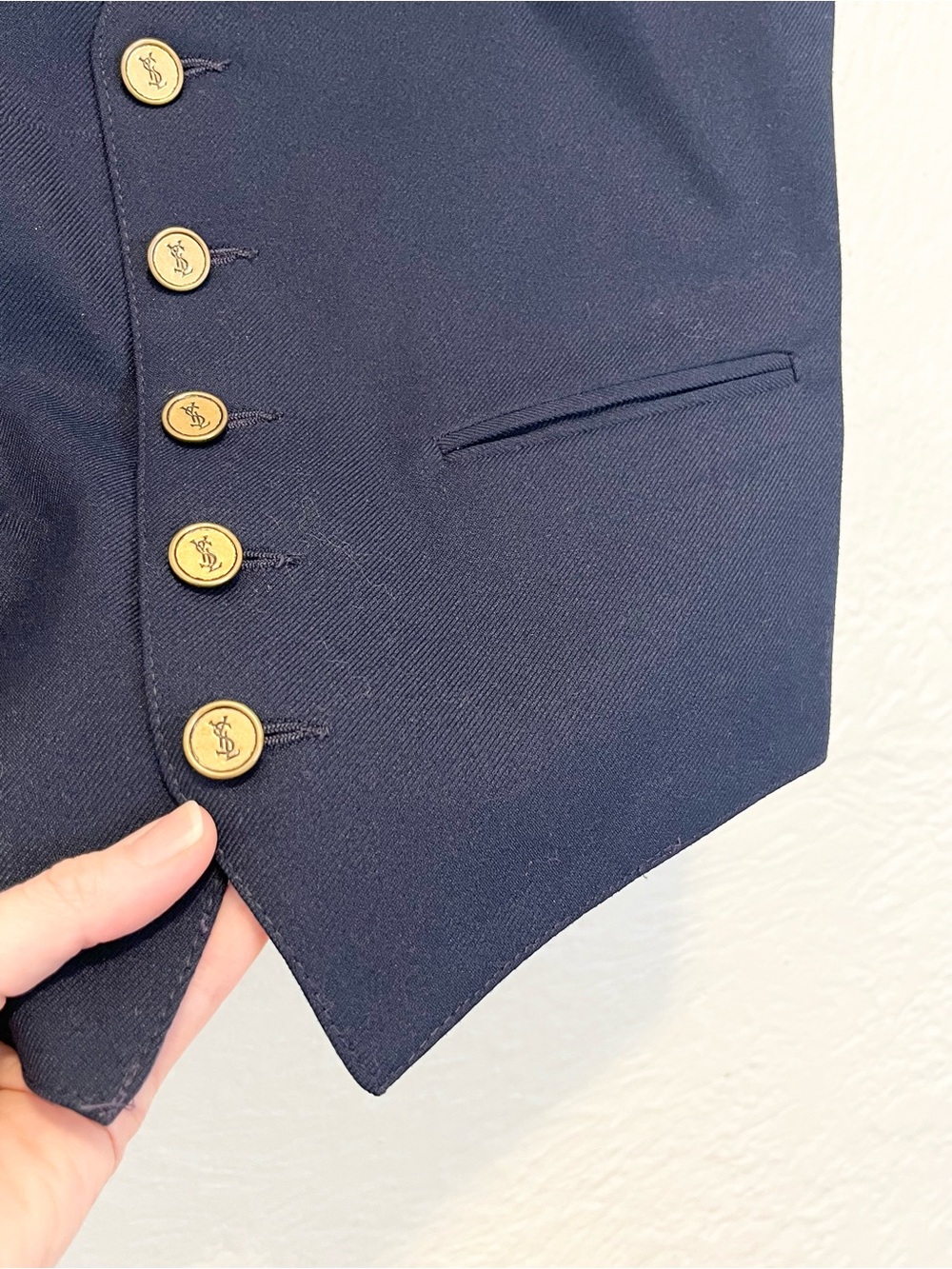 Vintage Yves Saint Laurent YSL Vest Navy Blue Brass Buttons XS Extra Small - Picture 5 of 14